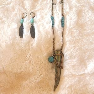 Long Rusty Gold Color Antler Necklace w Turquoise Earrings Set